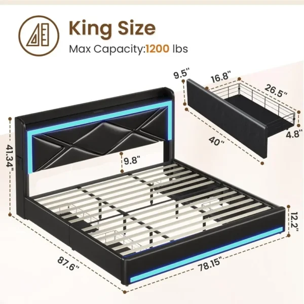 Bed Frame with Storage Drawers & LED Lights Headboard, Faux Leather Platform Bed with USB-C Charging Station - Image 2