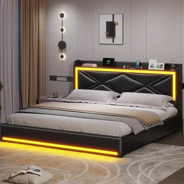 Bed Frame with Storage Drawers & LED Lights Headboard, Faux Leather Platform Bed with USB-C Charging Station - Image 3