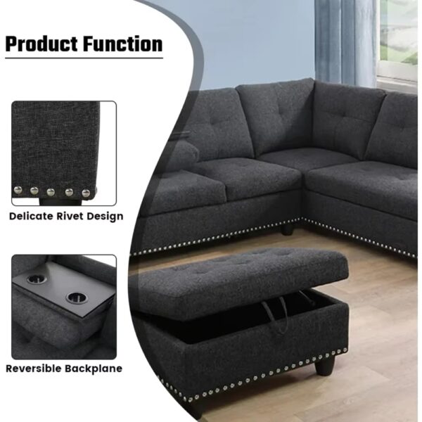 L Shaped Sofa Modern Sectional Couches for Living Room, Bedroom, Office, Dark Grey with Right Chaise - Image 2