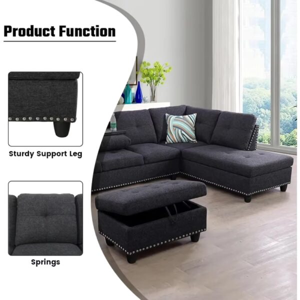 L Shaped Sofa Modern Sectional Couches for Living Room, Bedroom, Office, Dark Grey with Right Chaise - Image 3