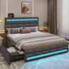 LED Bed Frame w 4 Drawers and 2 USB Charging Station, Upholstered Platform Queen Size Bed Frame w LED Lights Headboard Footboard