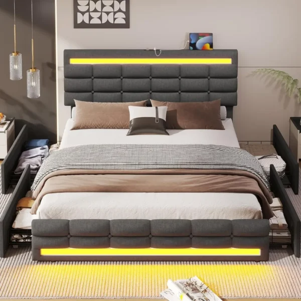 LED Bed Frame w 4 Drawers and 2 USB Charging Station, Upholstered Platform Queen Size Bed Frame w LED Lights Headboard Footboard - Image 3