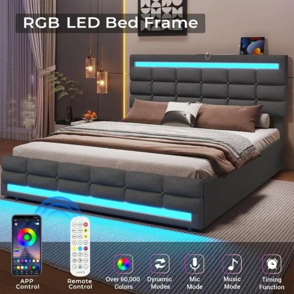 Bed Frame with Storage Drawers & LED Lights Headboard, Faux Leather Platform Bed with USB-C Charging Station