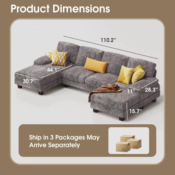 U-Shaped Sectional Sofa Couches for Living Room, 4 Seat Linen Fabric Couch Set with Double Chaise for Living Room, Apartment - Image 4