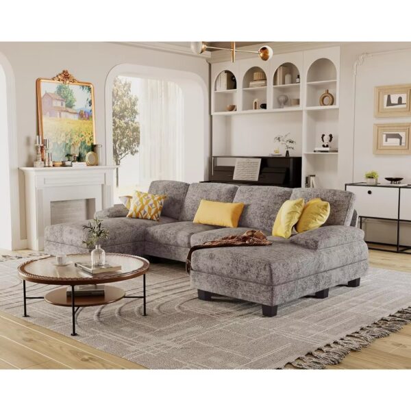 U-Shaped Sectional Sofa Couches for Living Room, 4 Seat Linen Fabric Couch Set with Double Chaise for Living Room, Apartment - Image 2