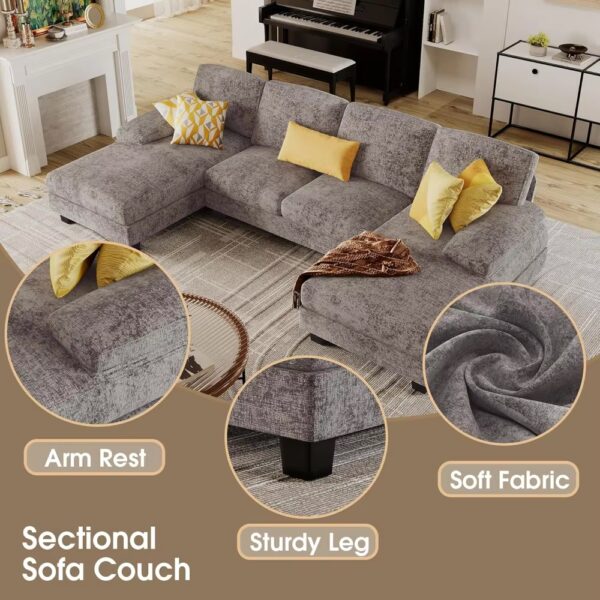 U-Shaped Sectional Sofa Couches for Living Room, 4 Seat Linen Fabric Couch Set with Double Chaise for Living Room, Apartment - Image 3