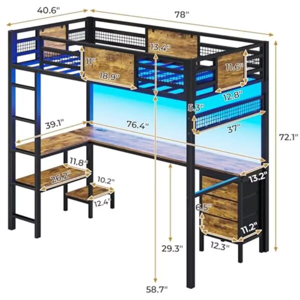 Twin Size Loft Bed with L-Shaped Desk LED Lights Charging Station Fabric Drawers & Shelves 400lbs Capacity Modern Black Metal