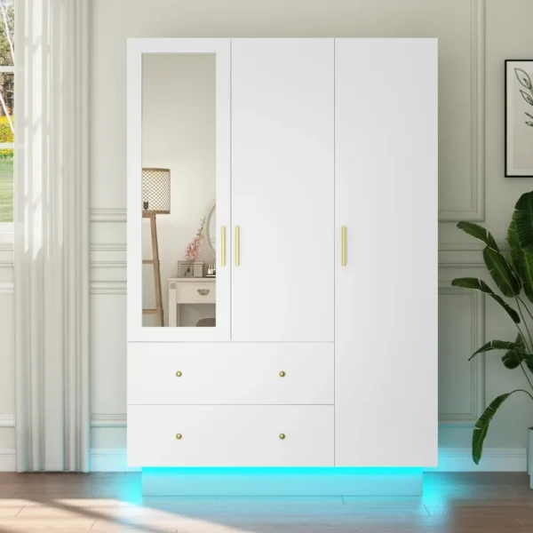 3 Door Armoire Wardrobe Closet Cabinet with Mirror and LED Light, 2 Drawers, 3 Doors,Hanging Rod,Large Capacity Storage Wardrobe