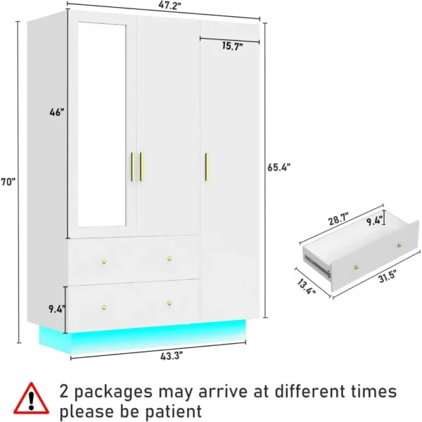 3 Door Armoire Wardrobe Closet Cabinet with Mirror and LED Light, 2 Drawers, 3 Doors,Hanging Rod,Large Capacity Storage Wardrobe - Image 2