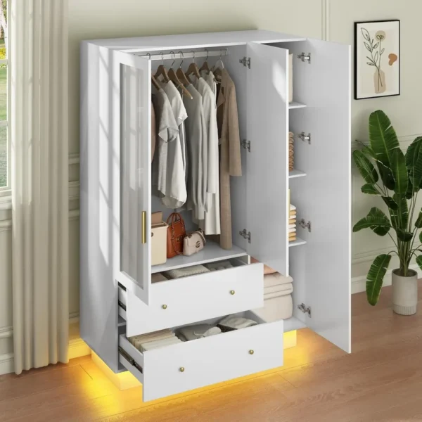 3 Door Armoire Wardrobe Closet Cabinet with Mirror and LED Light, 2 Drawers, 3 Doors,Hanging Rod,Large Capacity Storage Wardrobe - Image 4