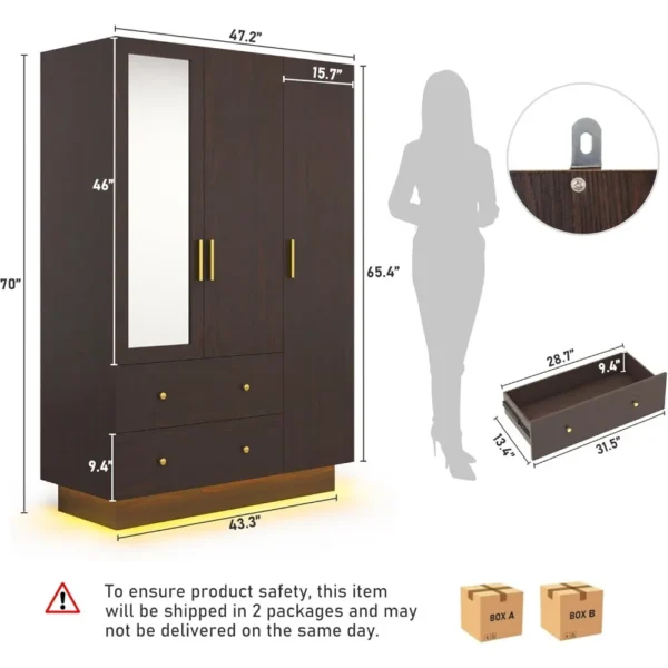 3 Doors Armoire Wardrobe Closet with Mirror, LED Armoire with Doors and Drawers, Wooden Armoire Storage Cabinet with Hanging Rod - Image 2