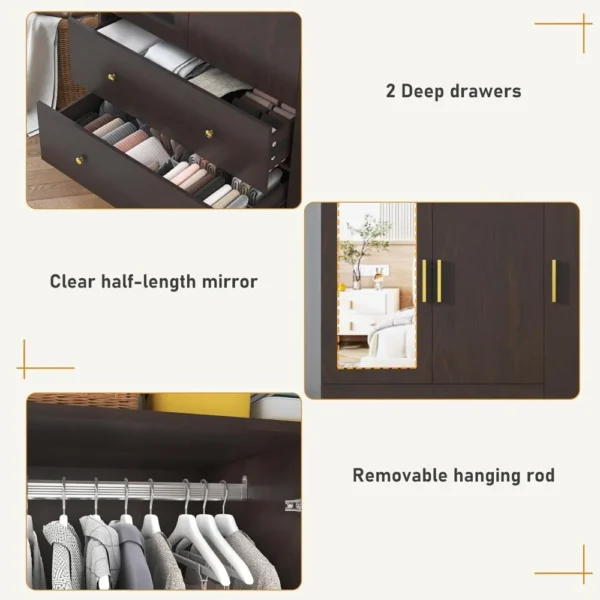 3 Doors Armoire Wardrobe Closet with Mirror, LED Armoire with Doors and Drawers, Wooden Armoire Storage Cabinet with Hanging Rod - Image 4