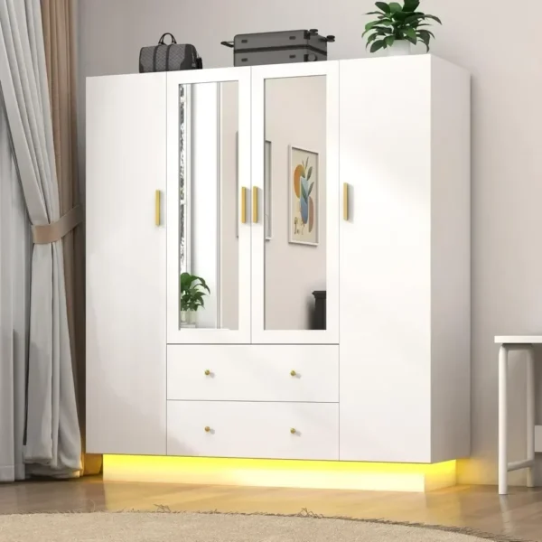 4 Doors Armoire Wardrobe Closet with Mirror, LED Armoire with Doors and Drawers, Wooden Armoire Storage Cabinet