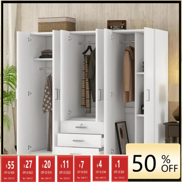 6-Doors Armoire Wardrobe Closet with Drawers & Mirror, Armoires with Shelves and Hanging Rod for Bedroom, Freestanding Wardrobe