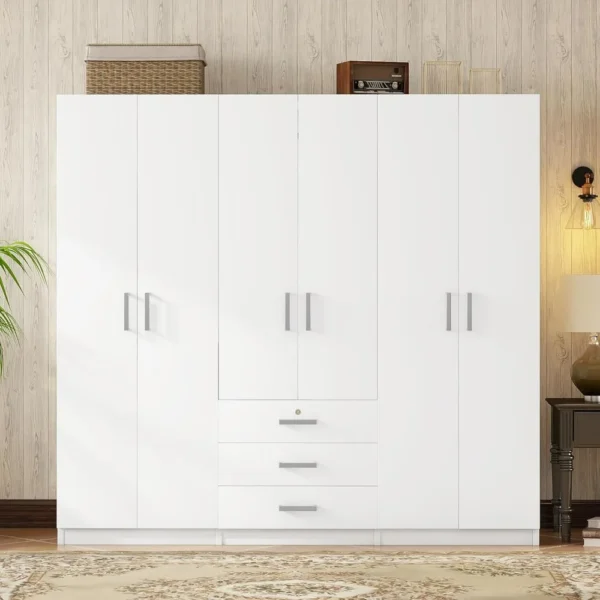 6-Doors Armoire Wardrobe Closet with Drawers & Mirror, Armoires with Shelves and Hanging Rod for Bedroom, Freestanding Wardrobe - Image 3