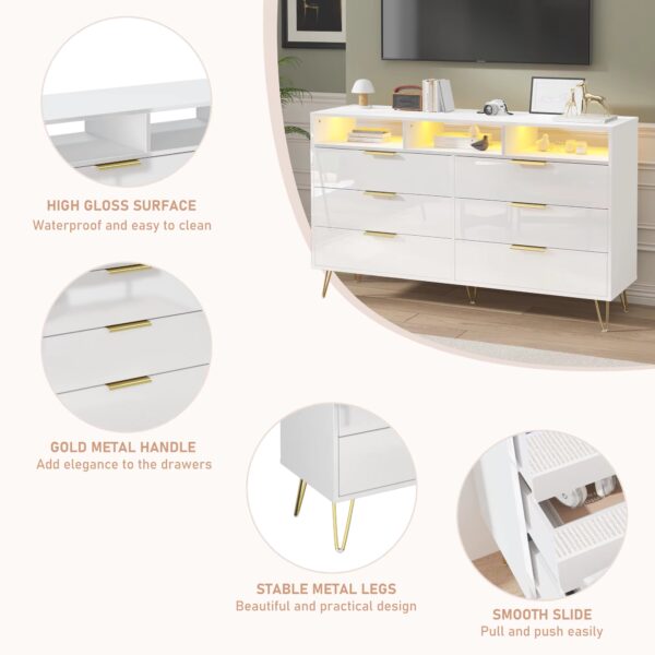 6 Drawers Dresser for Bedroom with LED Lights, High Gloss Chest of Drawers with Metal Legs, Modern Wood Closet Storage Organizer - Image 4