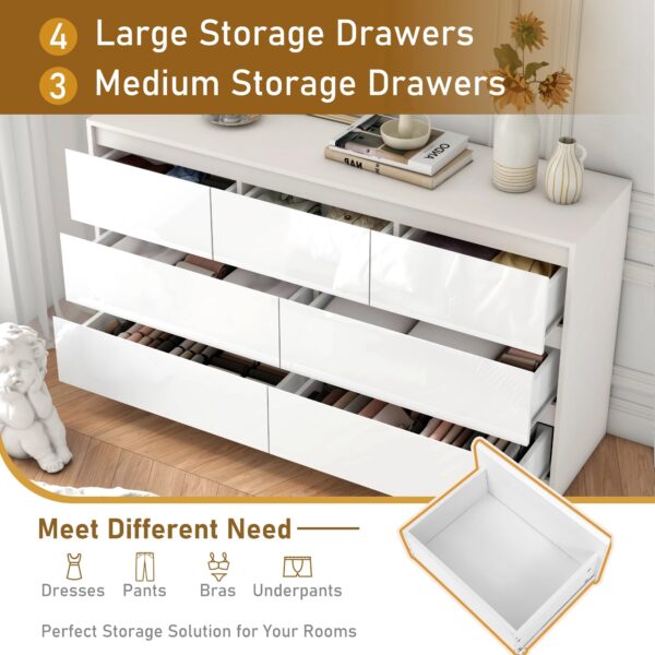 7 Drawer Dresser for Bedroom, 55 Inch Modern Dresser with High Gloss Drawers, Large Wood Chest of Drawer, White/Black - Image 2