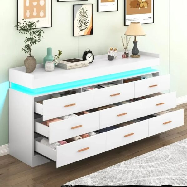 9 Drawer Dresser with LED Light, Modern Chest of Drawers for Closet, Wide Drawer Organizer Cabinet for Bedroom, White - Image 2