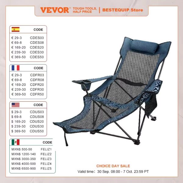 VEVOR Outdoor Folding Camp Chair Backrest With Footrest Portable Bed Nap Chair For Camping Fishing Foldable Beach Lounge Chair