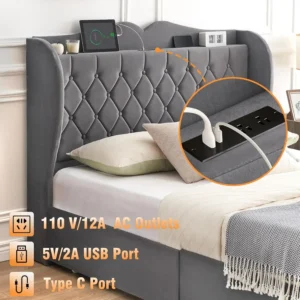 Bed Frame, 4 Storage Drawers and Charging Station Velvet Upholstered Bed with Tall Headboard and Storage Shelf, Bedroom Furnture