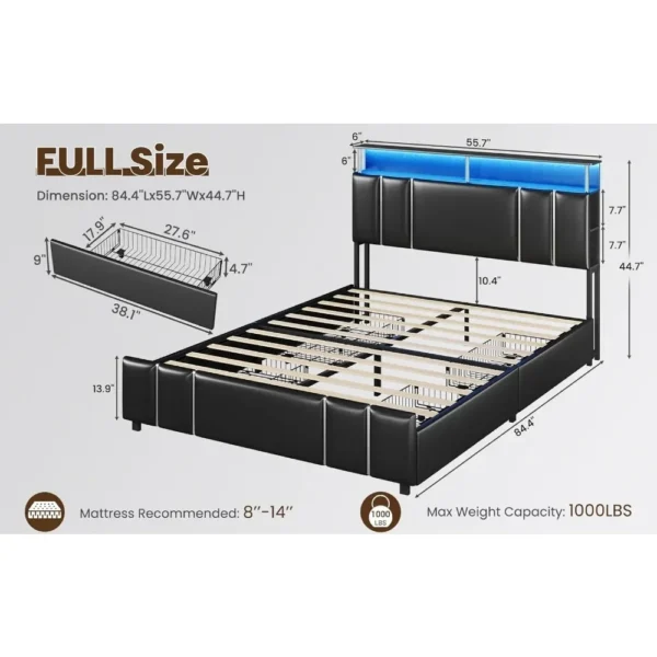 Bed Frame Full Size with Bookcase Headboard and 4 Storage Drawers, Leather Upholstered Full Bed Frame - Image 2