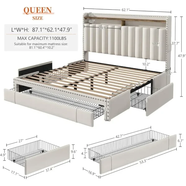 Bed Frame with 3 Drawers,Bed Frame Queen Size with Upholstered Headboard and Storage,2-Tier Shelves,1100LBS - Image 4