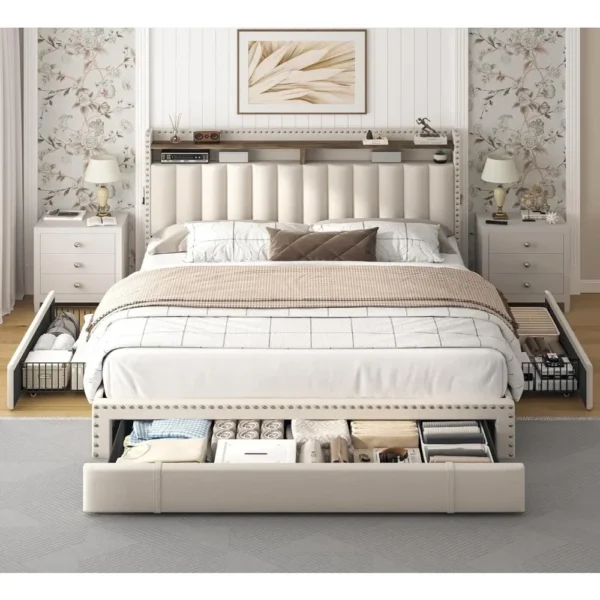 Bed Frame with 3 Drawers,Bed Frame Queen Size with Upholstered Headboard and Storage,2-Tier Shelves,1100LBS - Image 3