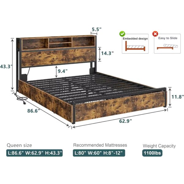 Bed Frame with 6 Storage Drawers w Headboard with Charging Station Queen Bed Frame with Storage No Noise,No Box Springs Needed - Image 2