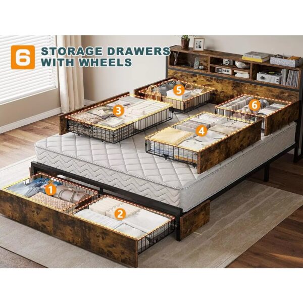 Bed Frame with 6 Storage Drawers w Headboard with Charging Station Queen Bed Frame with Storage No Noise,No Box Springs Needed - Image 4