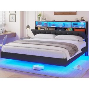 Bed Frame with Charging Station & Hidden Storage Headboard, King with LED Lights, Crystal Button Tufted Upholstered Bed Frame