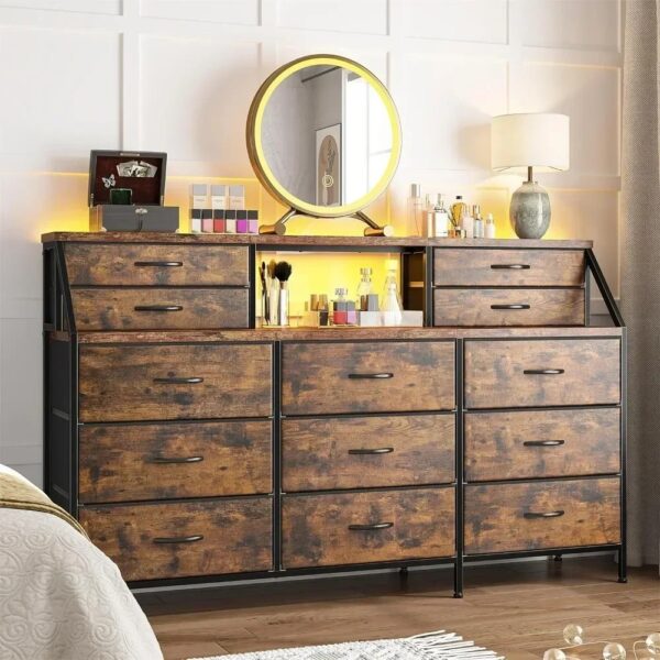 Bedroom Dresser with 13 Large Drawer, Dressers & Chests of Drawers, Dressers with 2 Shelves, Wooden Top Metal Frame Rustic Brown