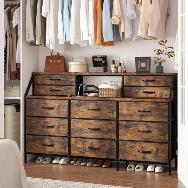 Bedroom Dresser with 13 Large Drawer, Dressers & Chests of Drawers, Dressers with 2 Shelves, Wooden Top Metal Frame Rustic Brown - Image 2