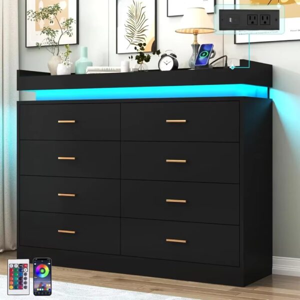 Bedroom Dresser with LED Light & Charging Station, 8 Wide Drawer Organizer Cabinet, for Living Room, Entryway, Hallway, Dresser - Image 2