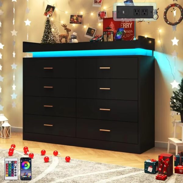 Bedroom Dresser with LED Light & Charging Station, 8 Wide Drawer Organizer Cabinet, for Living Room, Entryway, Hallway, Dresser - Image 4