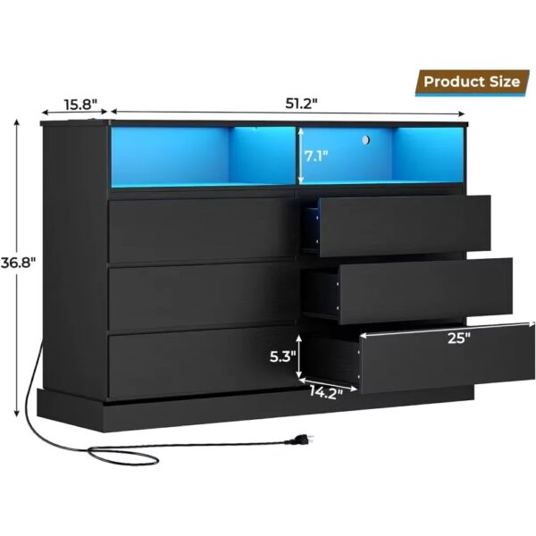 Black Dresser with LED Lights and Charging Station, 51.2" Long Dresser Chest,Modern 6 Drawer Dresser for Bedroom, Living Room - Image 3