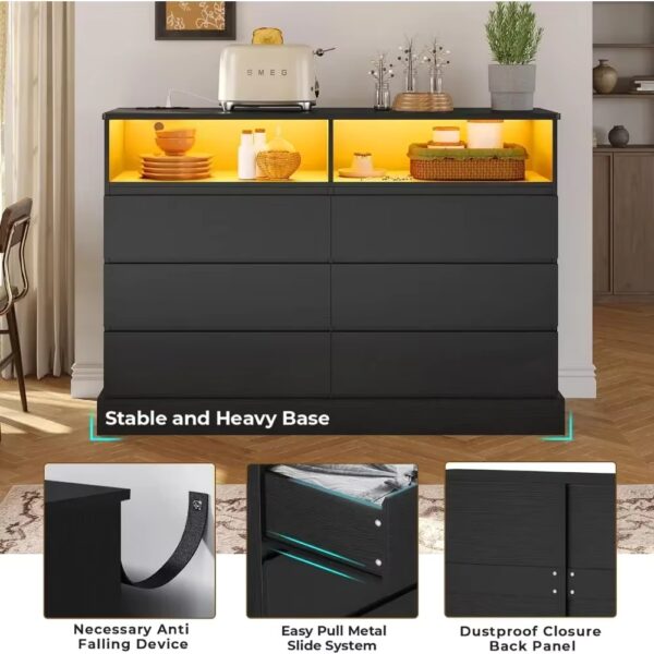 Black Dresser with LED Lights and Charging Station, 51.2" Long Dresser Chest,Modern 6 Drawer Dresser for Bedroom, Living Room - Image 4