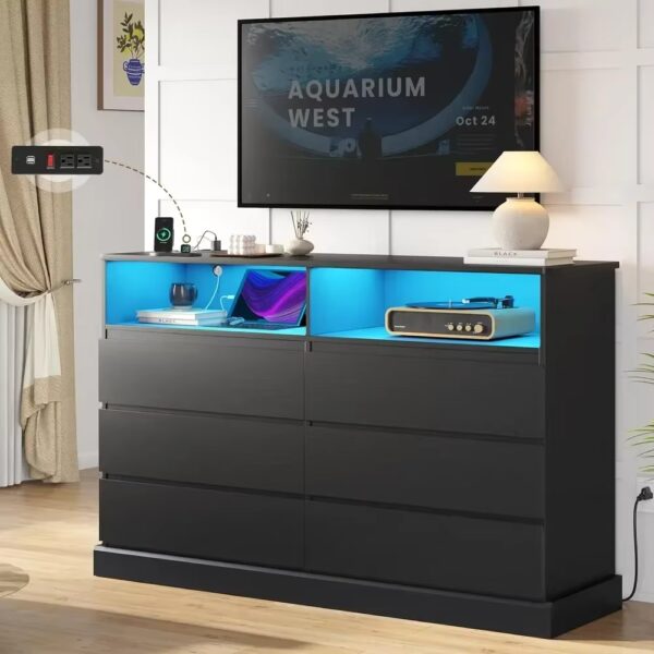 Black Dresser with LED Lights and Charging Station, 51.2" Long Dresser Chest,Modern 6 Drawer Dresser for Bedroom, Living Room