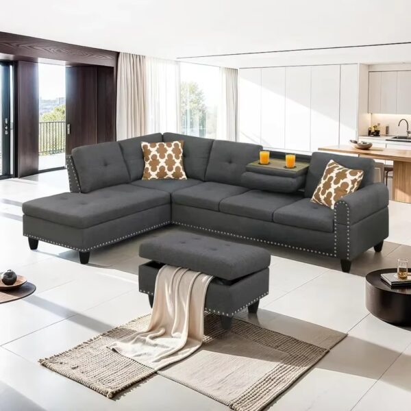 Convertible Sectional L Shaped Sofas with Storage, Chaise and Cup Holder, 4 Seat Modern Linen Fabric Sofá, Living Room Sofas - Image 3