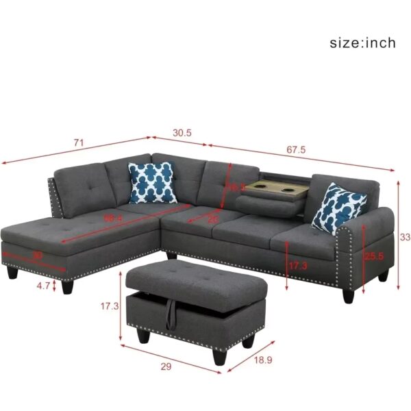 Convertible Sectional L Shaped Sofas with Storage, Chaise and Cup Holder, 4 Seat Modern Linen Fabric Sofá, Living Room Sofas - Image 2