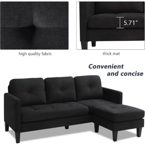 Convertible Sectional Sofa Couch, L-Shaped Couch with Modern Linen Fabric for Small Space (Black), sofas - Image 4