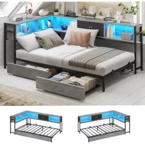 Corner Bed Frame Twin Size with Bookcase and 2 Underbed Storage Drawers, Modern Twin Bed with LED Light and Charging Station