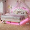 Full Size Bed Frame with LED Lights, Adjustable Headboard, Crystal Button, Solid Wood Slats Support, Princess Platform Bed Frame