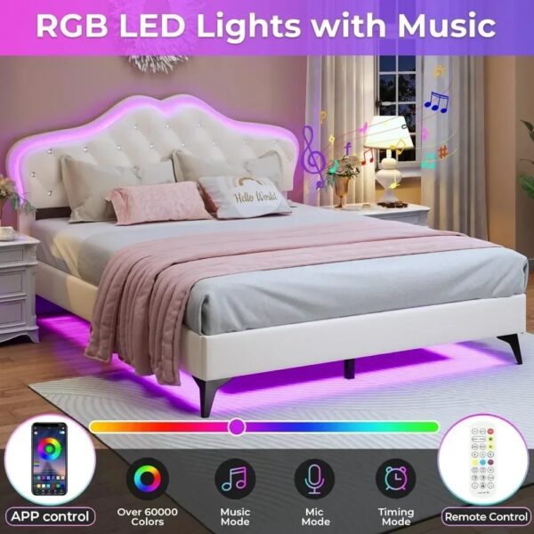 Full Size Bed Frame with LED Lights, Adjustable Headboard, Crystal Button, Solid Wood Slats Support, Princess Platform Bed Frame - Image 3