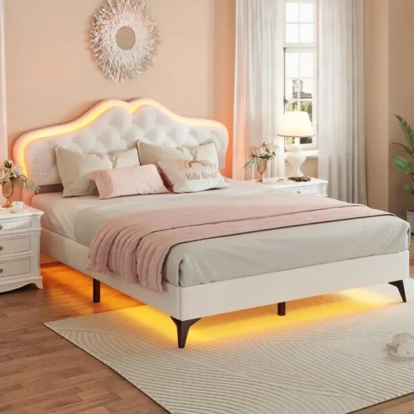 Full Size Bed Frame with LED Lights, Adjustable Headboard, Crystal Button, Solid Wood Slats Support, Princess Platform Bed Frame - Image 4