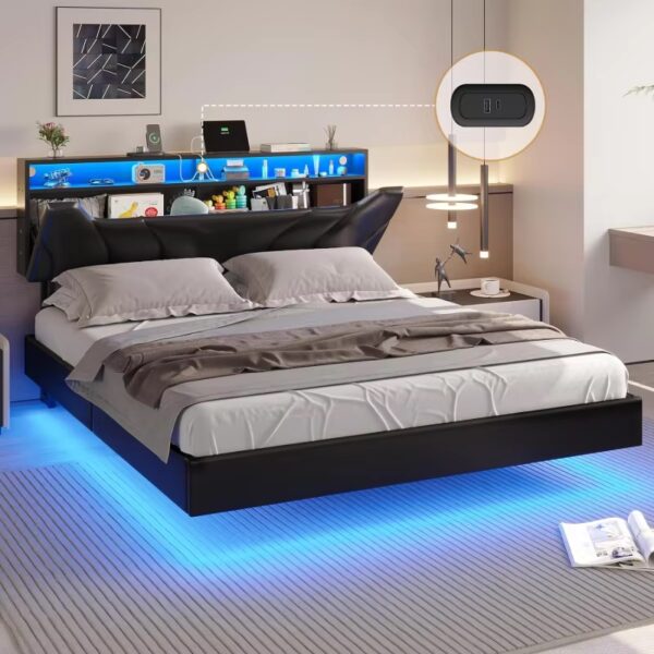 DIAC Storage Headboard and Lights Queen Size Visual Floating LED Bed Frame with Type-C &