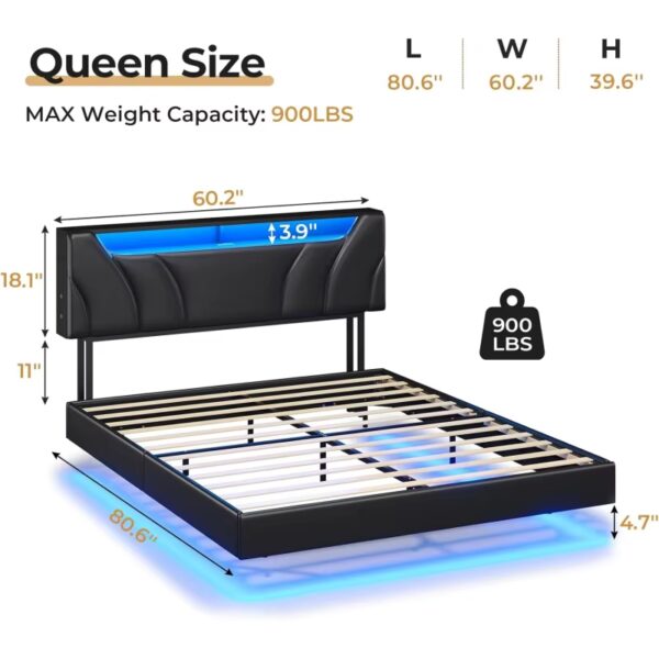 DIAC Storage Headboard and Lights Queen Size Visual Floating LED Bed Frame with Type-C & - Image 4