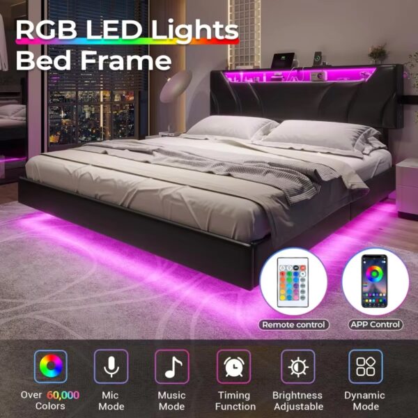 DIAC Storage Headboard and Lights Queen Size Visual Floating LED Bed Frame with Type-C & - Image 2