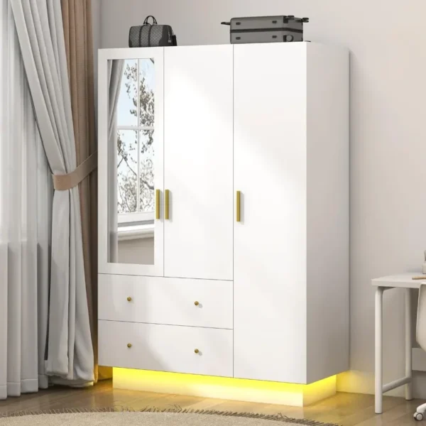 Door Wardrobe Closet with Mirror & LED Lights, Bedroom Armoire with Drawers & Shelves, Modern Wooden Armoire Wardrobe Closet