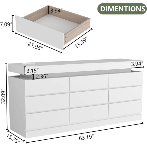 9 Drawer Dresser with Power Outlet, Dresser with LED Light, Modern Chest of Drawers for Closet, Triple Wide Drawer Organizer - Image 4