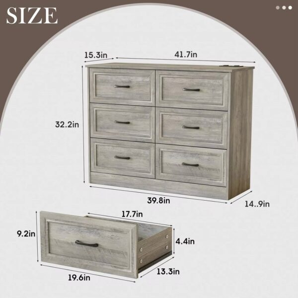 Dresser for Bedroom, 6 Drawer Wide Dresser Organizer with Charging Station, Dresser for Hallway, Wood Dresser with Metal Handles - Image 2